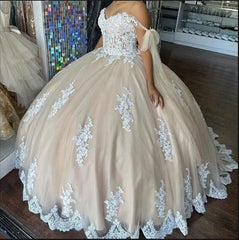 Unique Champagne Quinceanera Dresses Off The Shoulder with Applique