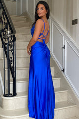 Unique Corset Royal Blue Formal Dress for Women Beaded Tight Slit