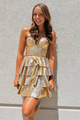 Unique Gold Metallic Homecoming Dress Strapless with Ruffle