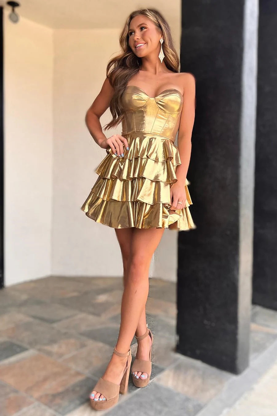 Unique Gold Metallic Homecoming Dress Strapless with Ruffle