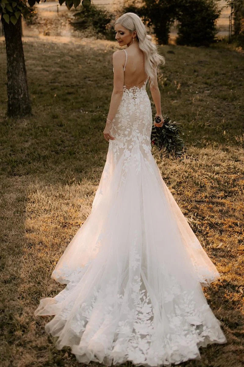 Unique Lace Mermaid Wedding Dress V-Neck with Appliques