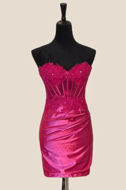 Unique Lace Short Fuchsia Hoco Dress Appliques Tight Ruched