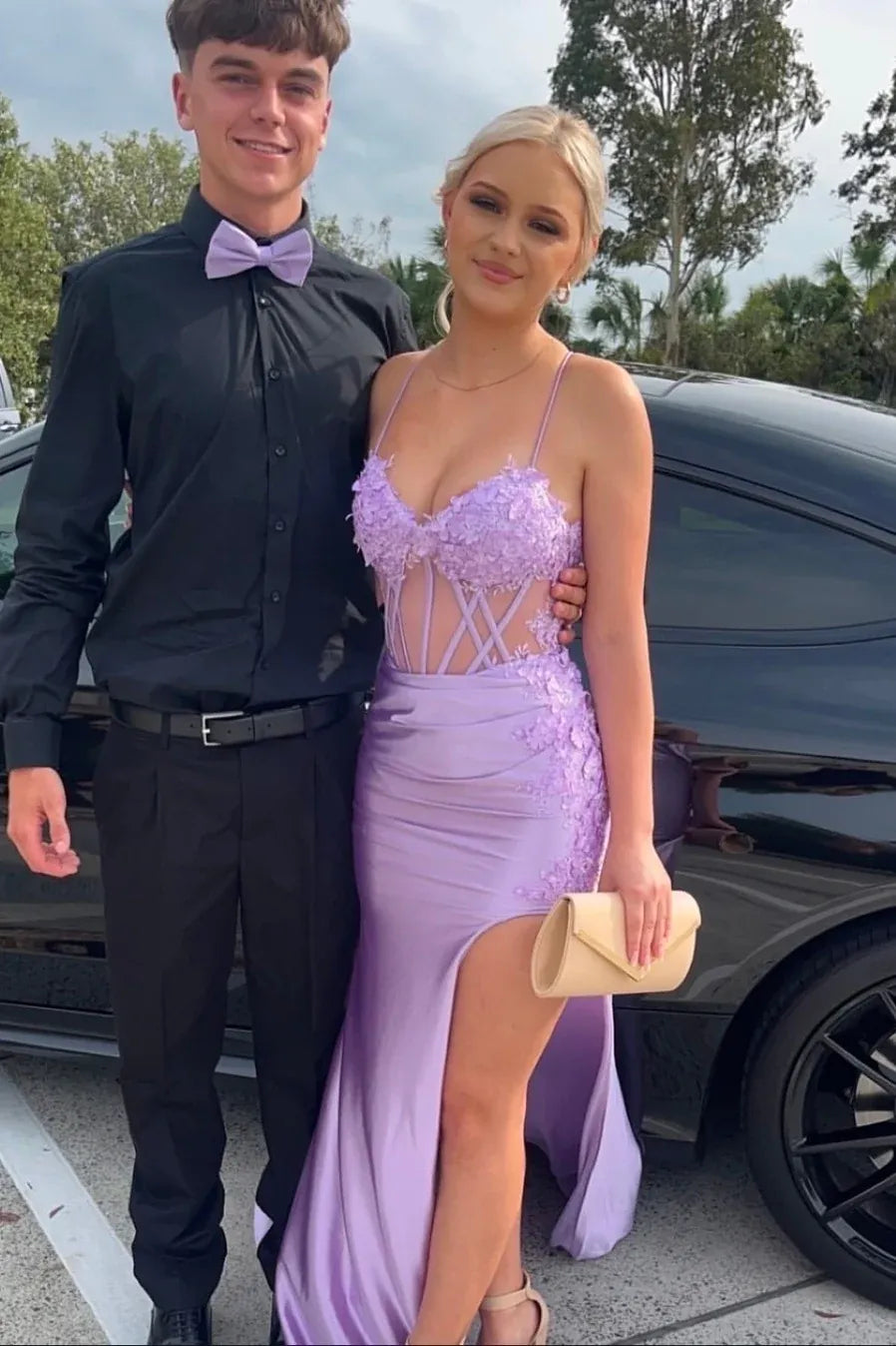 Unique Lilac Corset Prom Dresses Mermaid Evening Gown with 3D Floral