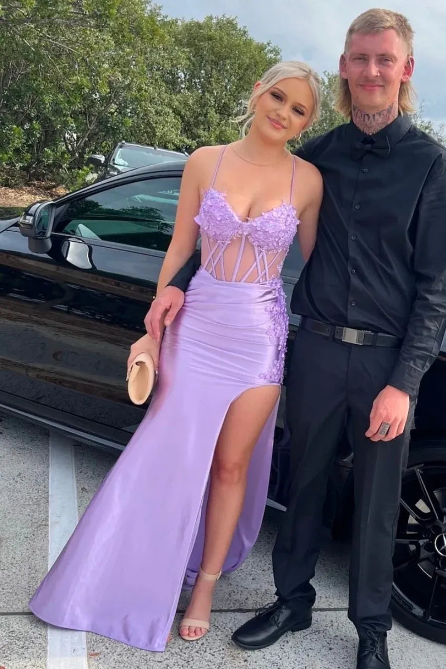 Unique Lilac Corset Prom Dresses Mermaid Evening Gown with 3D Floral
