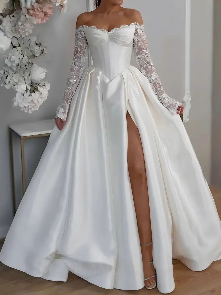 Unique Long Sleeves Corset Wedding Dress Basque Waist Lace Satin