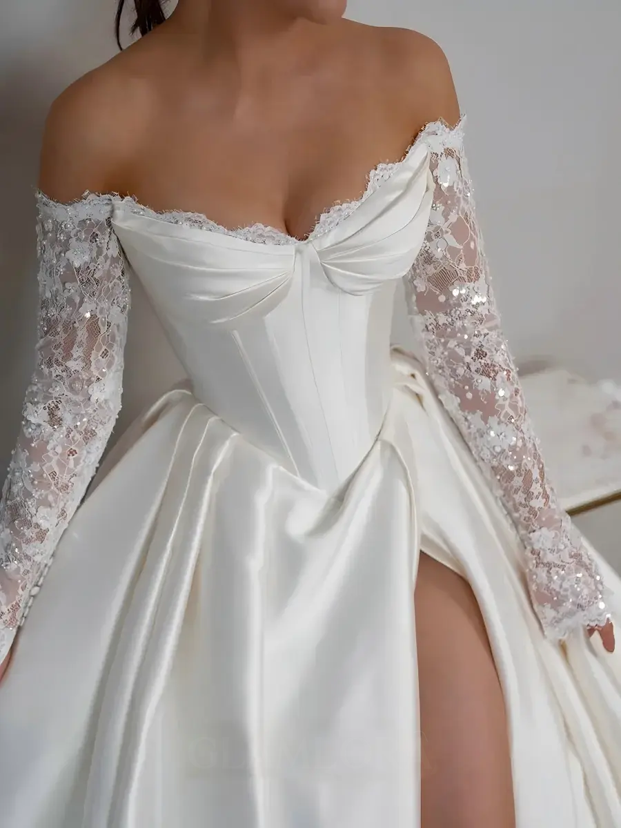 Unique Long Sleeves Corset Wedding Dress Basque Waist Lace Satin