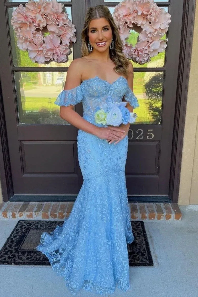 Unique Mermaid Floral Blue Lace Prom Dress Off-the-Shoulder Ruffles