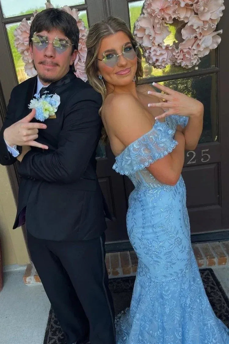 Unique Mermaid Floral Blue Lace Prom Dress Off-the-Shoulder Ruffles