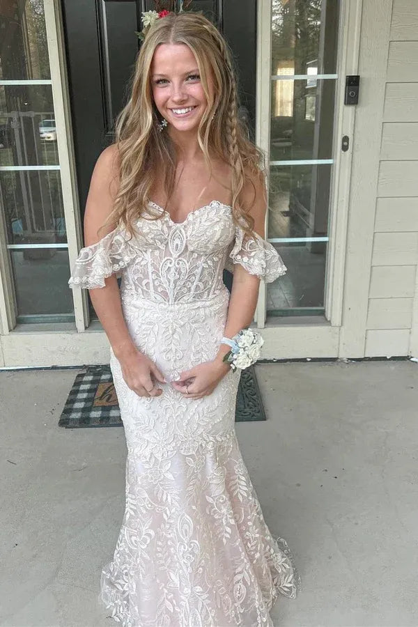 Unique Mermaid Floral Lace Prom Dress Off-the-Shoulder Ruffles