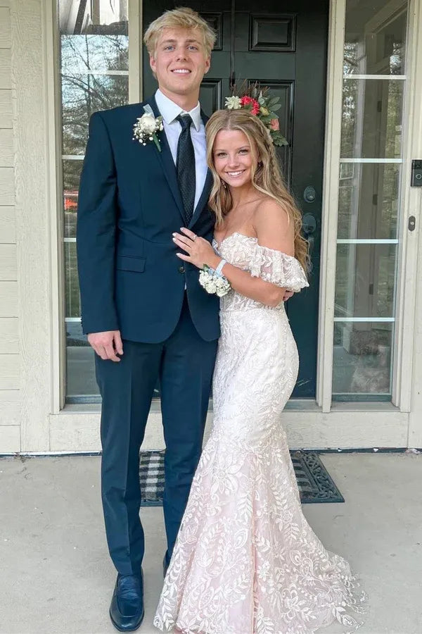 Unique Mermaid Floral Lace Prom Dress Off-the-Shoulder Ruffles