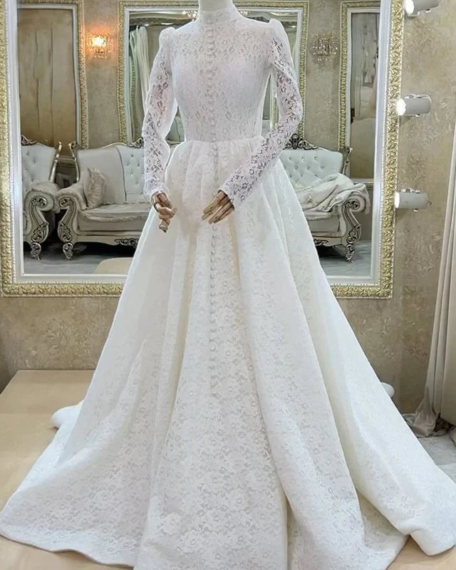 Unique Modest Lace Long Sleeve Muslim Wedding Dress High Neck
