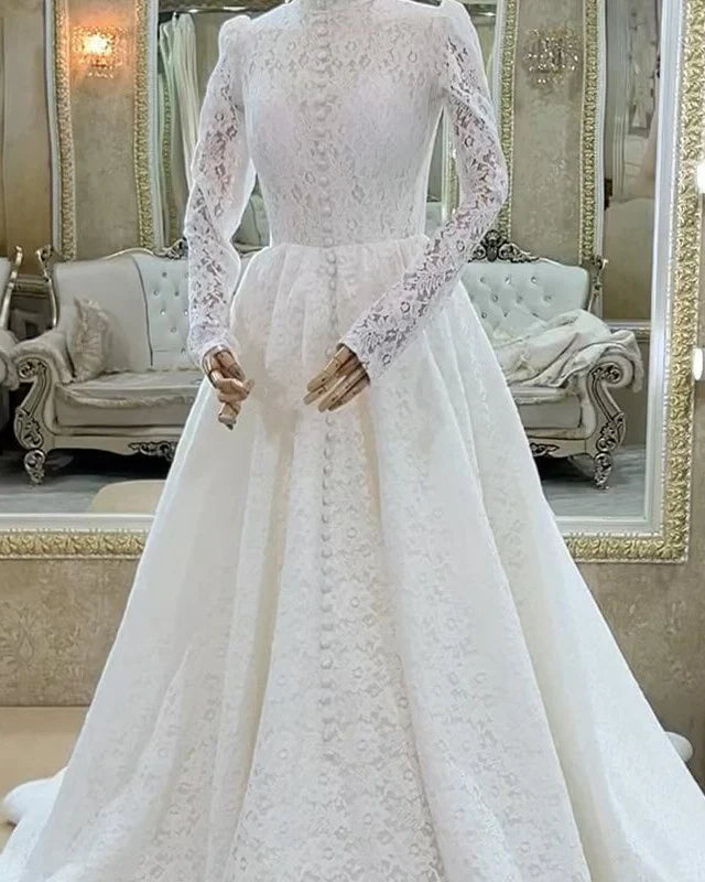 Unique Modest Lace Long Sleeve Muslim Wedding Dress High Neck