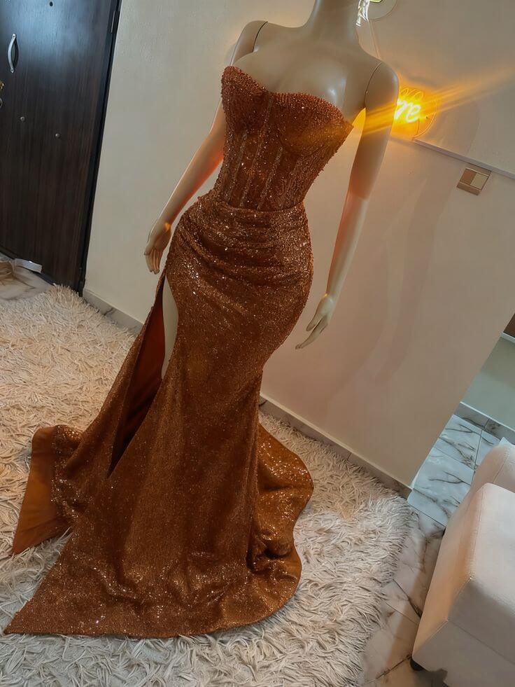 Unique Red Sequin Corset Prom Dresses Sweetheart Mermaid High Slit