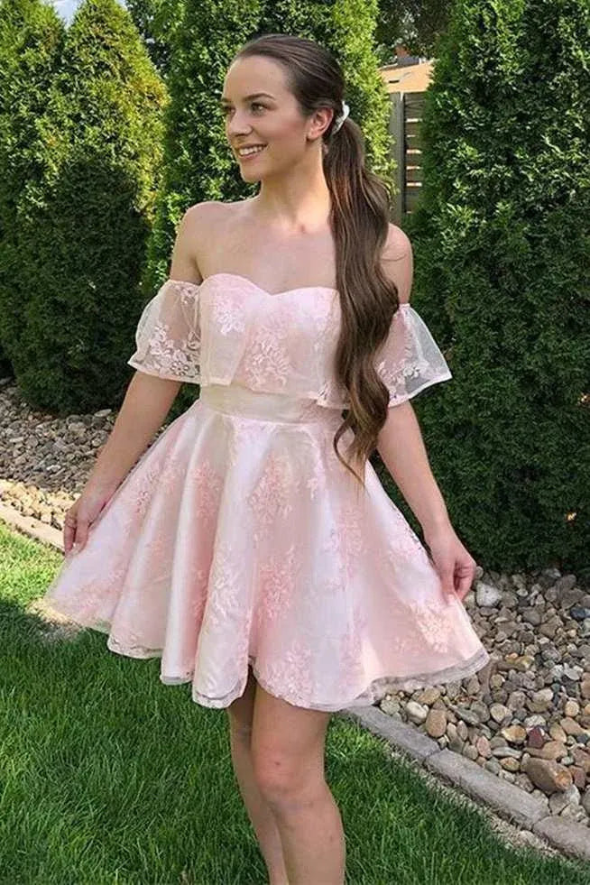 Unique Pink Lace Short Homecoming Dresses Off the Shoulder Dama Dress