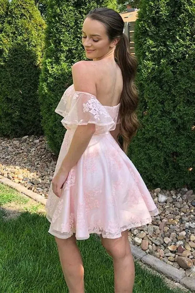 Unique Pink Lace Short Homecoming Dresses Off the Shoulder Dama Dress