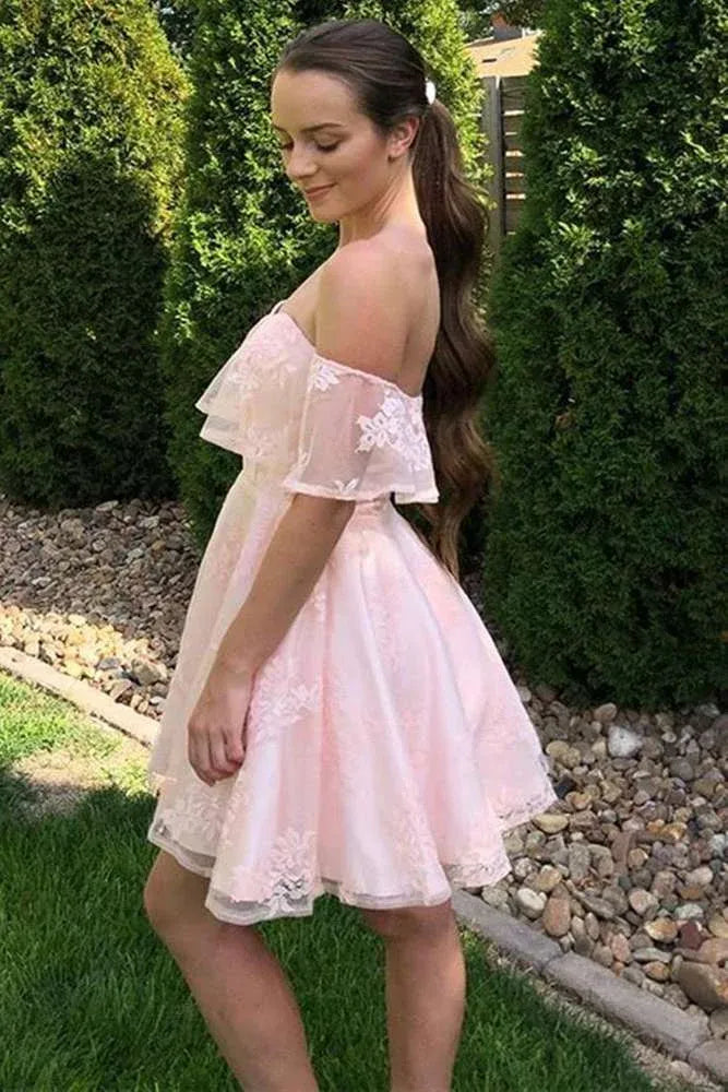 Unique Pink Lace Short Homecoming Dresses Off the Shoulder Dama Dress