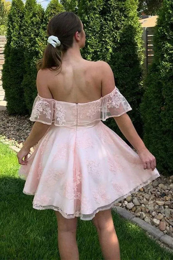 Unique Pink Lace Short Homecoming Dresses Off the Shoulder Dama Dress