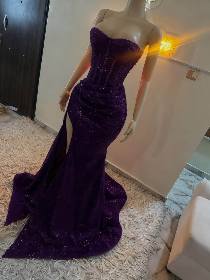Unique Red Sequin Corset Prom Dresses Sweetheart Mermaid High Slit