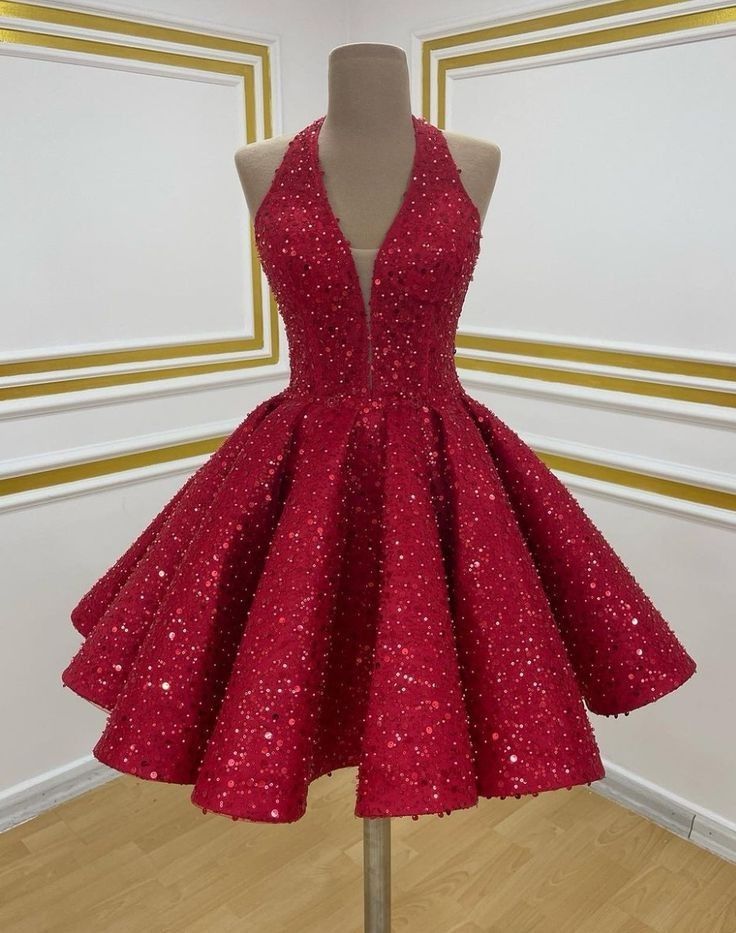 Unique Red A Line Sequin Hoco Dress Halter Sweet 16 Dresses