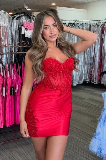 Unique Red Homecoming Dress Fitted Sleeveless Satin With Lace