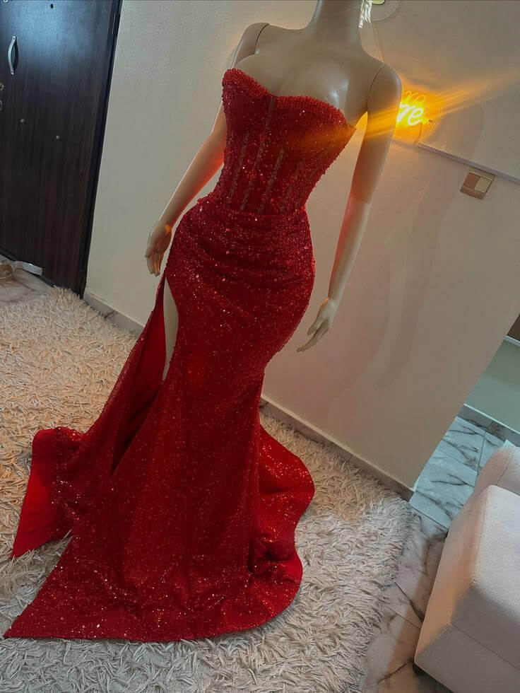 Unique Red Sequin Corset Prom Dresses Sweetheart Mermaid High Slit