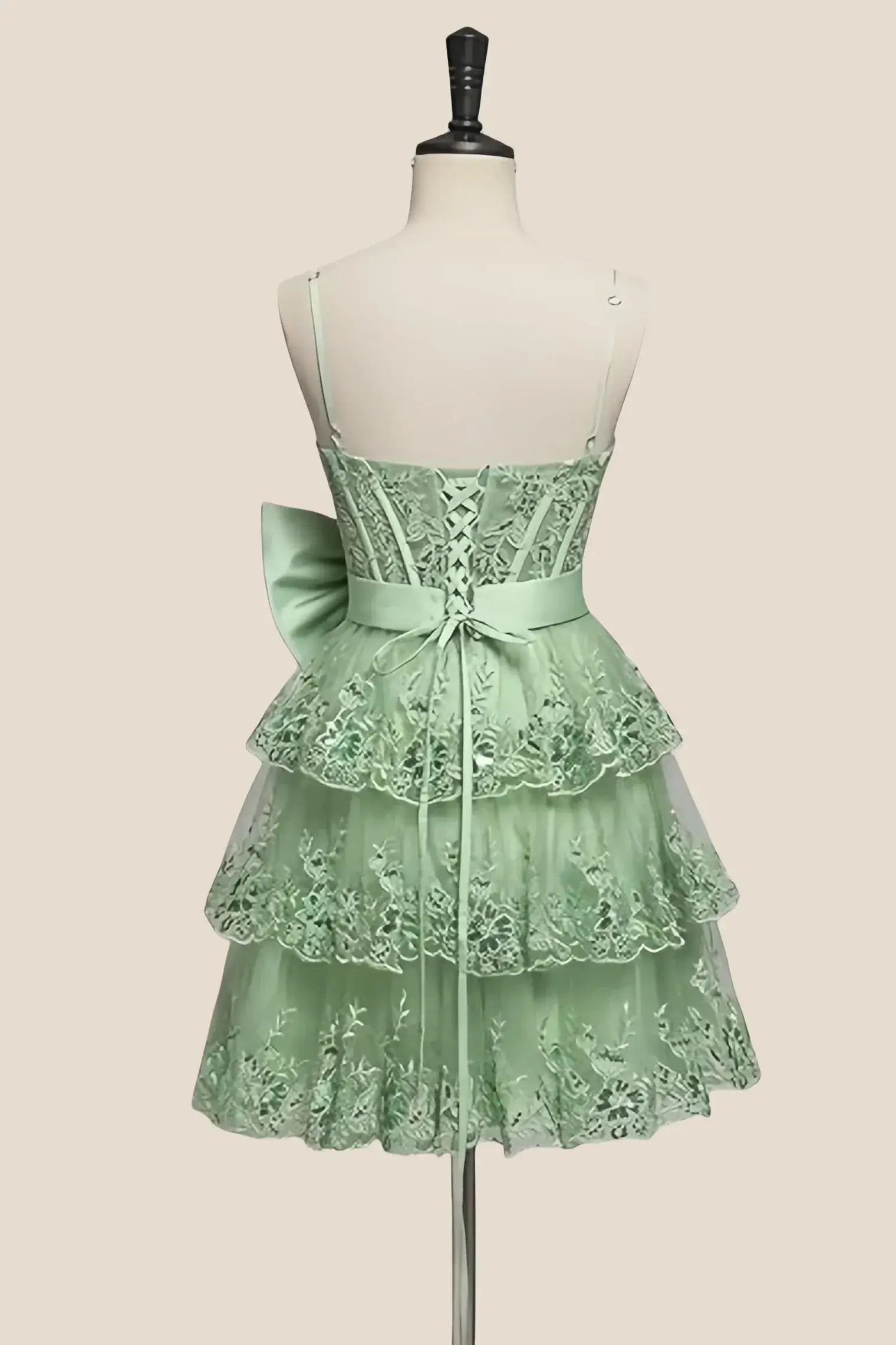 Unique Short Sage Green Homecoming Dress Tiered Appliques with Bow