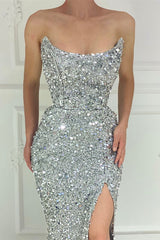 Glitter Silver Sequin Prom Dress Strapless Mermaid with Split