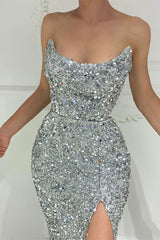 Glitter Silver Sequin Prom Dress Strapless Mermaid with Split
