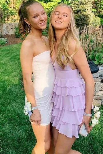 V-Neck Lilac Homecoming Dress  Short Spaghetti Straps