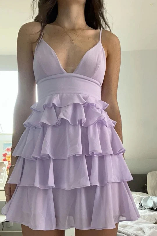 V-Neck Lilac Homecoming Dress  Short Spaghetti Straps