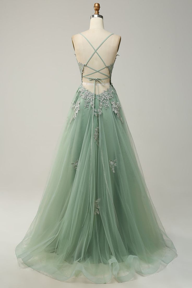 V Neck Sage Green Lace Formal Prom Dresses A Line
