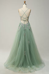 V Neck Sage Green Lace Formal Prom Dresses A Line
