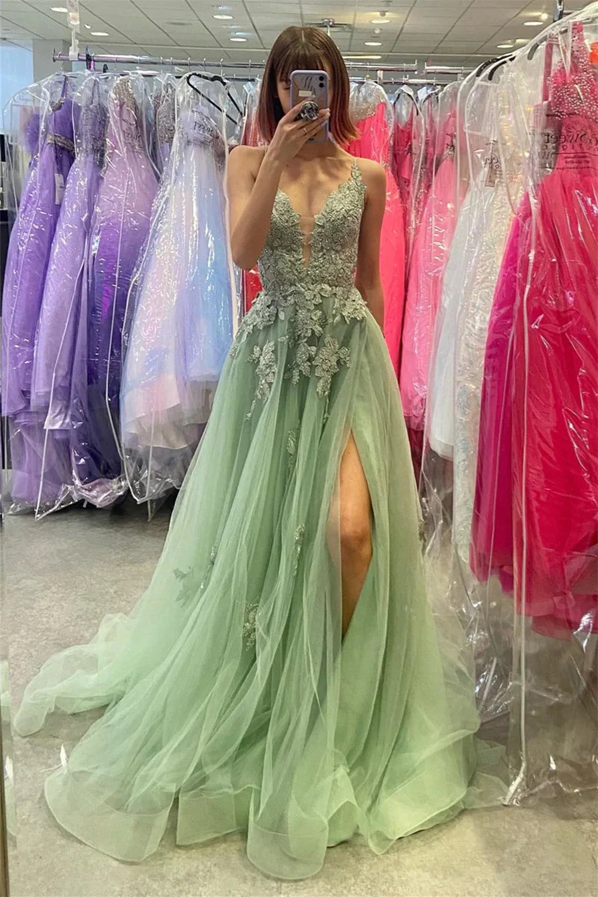 V Neck Sage Green Lace Formal Prom Dresses A Line