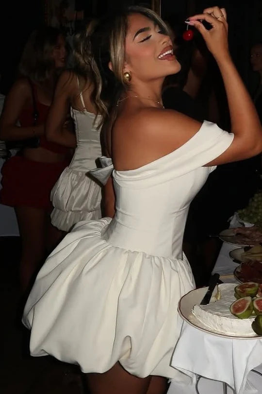 V-Neck White Off-Shoulder Homecoming Dress Satin Mychicdress
