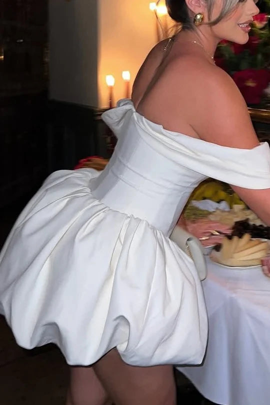 V-Neck White Graduation Dress Off-Shoulder Satin Mychicdress