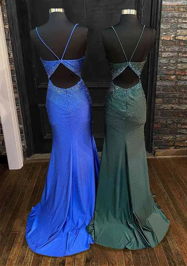 V Nek Satin Mermaid Long Prom Dresses with Beading Sweep Train