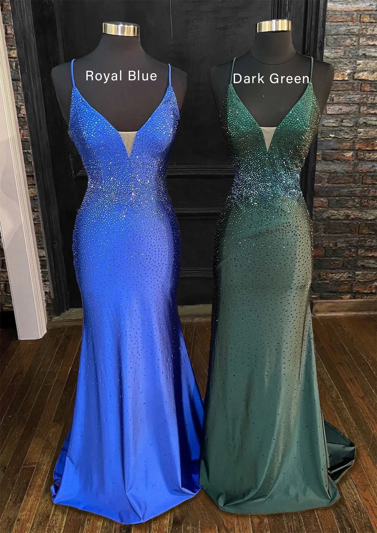 V Nek Satin Mermaid Long Prom Dresses with Beading Sweep Train