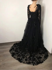 Vintage Black Long Sleeves Wedding Dress Lace A-Line Bridal Gowns