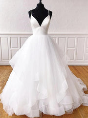 A-line Ruffles Tulle Beach Wedding Dresses Long V-Neck Straps Sleeveless