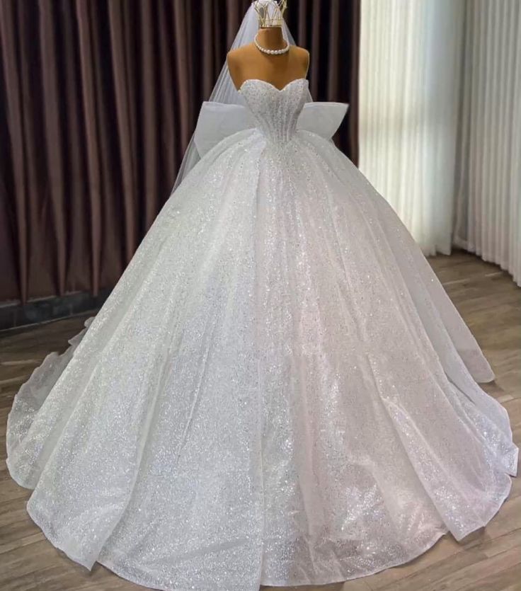 White Sparkly Strapless Ball Gown Wedding Dress Sweetheart