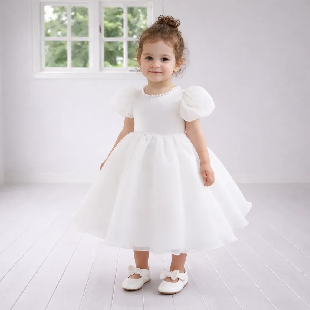 Elegant White Flower Girl Dress Puffy Sleeve Children's Communion Dress