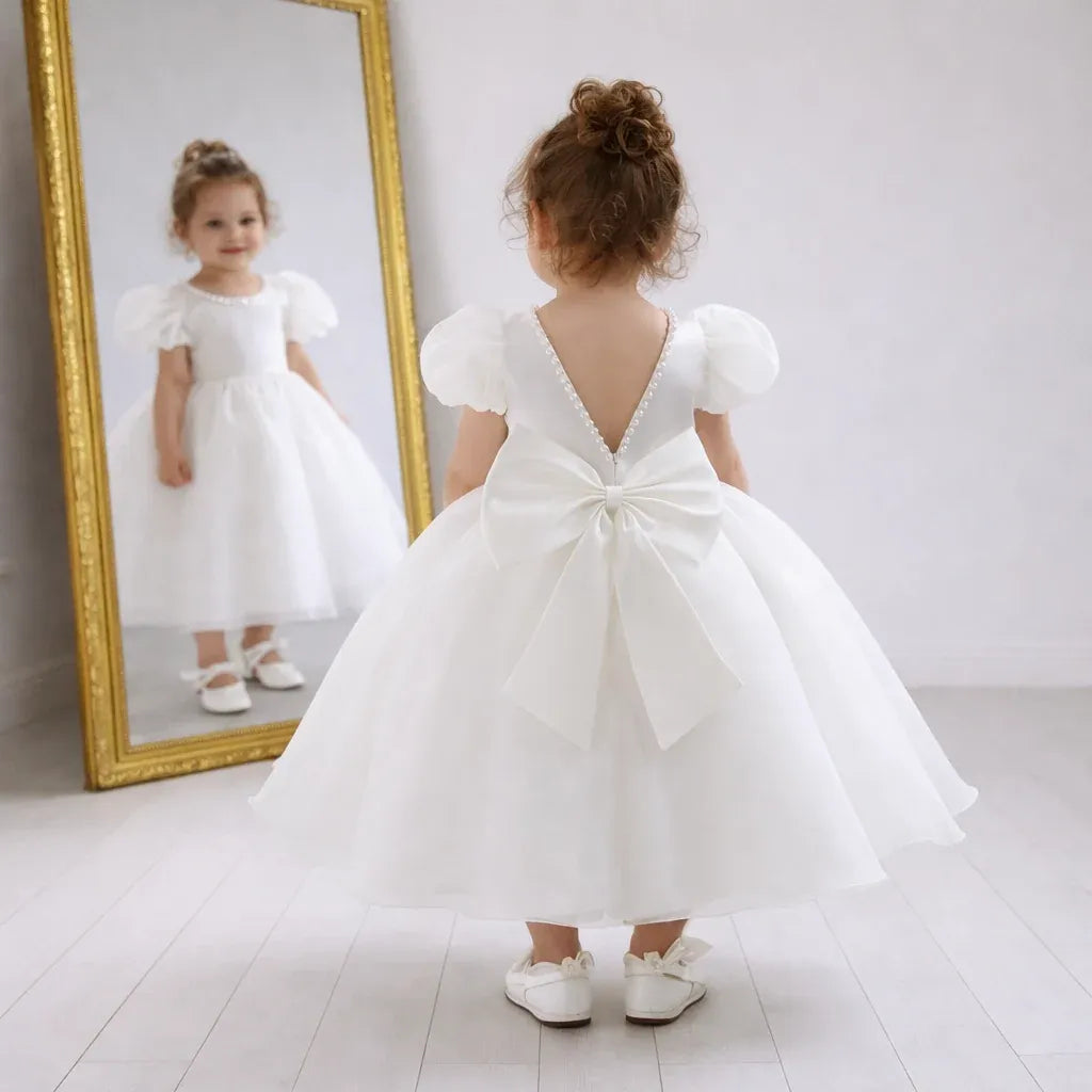 Elegant White Flower Girl Dress Puffy Sleeve Children's Communion Dress