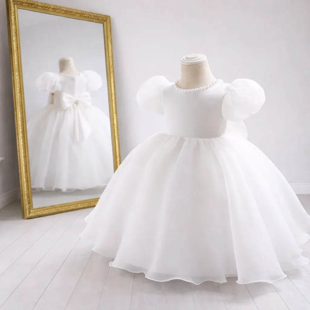 Elegant White Flower Girl Dress Puffy Sleeve Children's Communion Dress