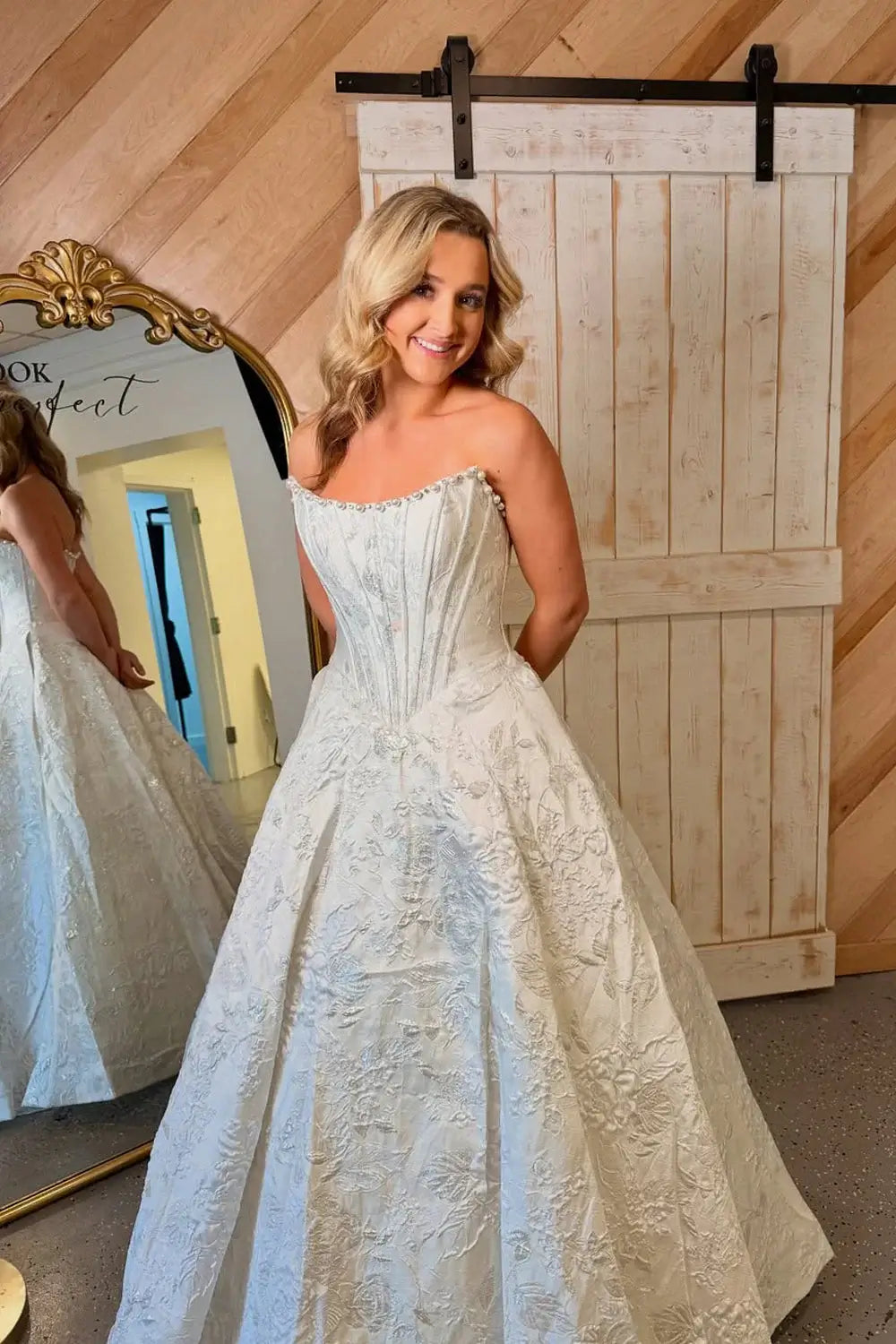 2026 White Jacquard Prom Dress A Line Satin Strapless Formal Dress