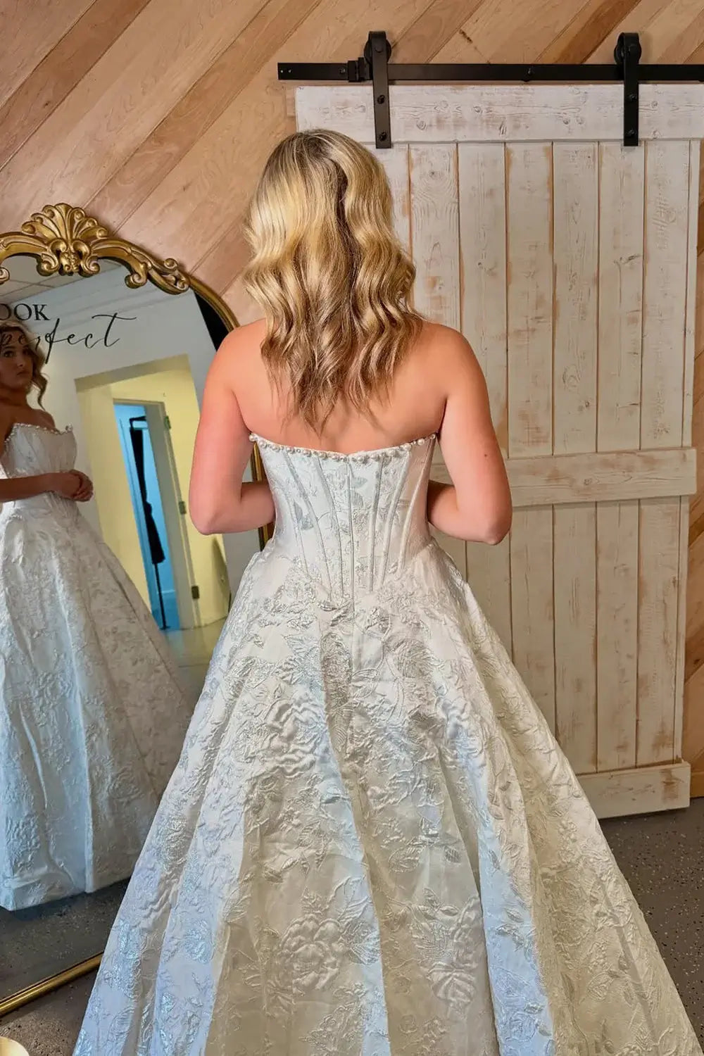 2026 White Jacquard Prom Dress A Line Satin Strapless Formal Dress