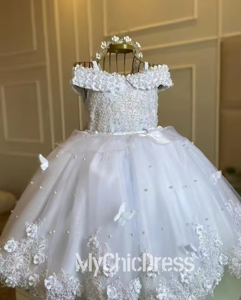 Mychicdress White Pageant Girl Dresses Pearls Lace Flower Girl Dress Sleeveless
