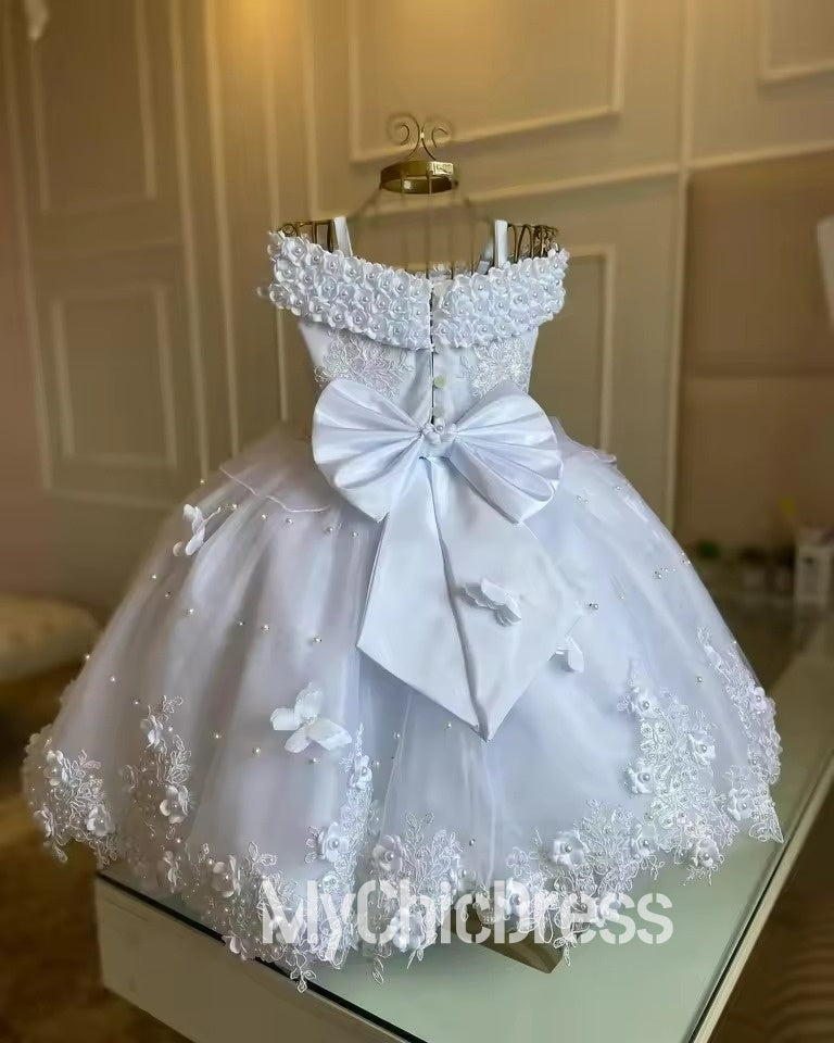 Mychicdress White Pageant Girl Dresses Pearls Lace Flower Girl Dress Sleeveless