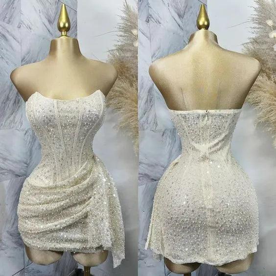 Vestido de fiesta con corsé, sin tirantes y con lentejuelas rosas brillantes