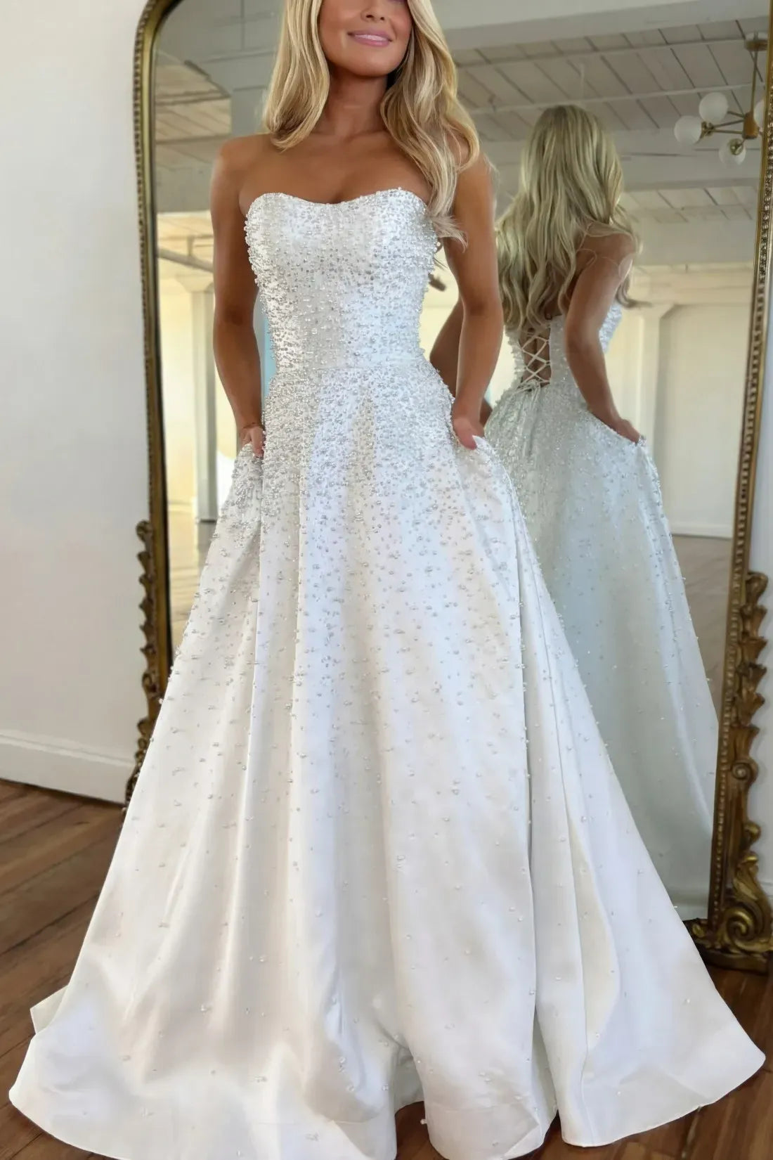 Light Blue Strapless Prom Dress Pearls A-line Satin Evening Dress Sweetheart