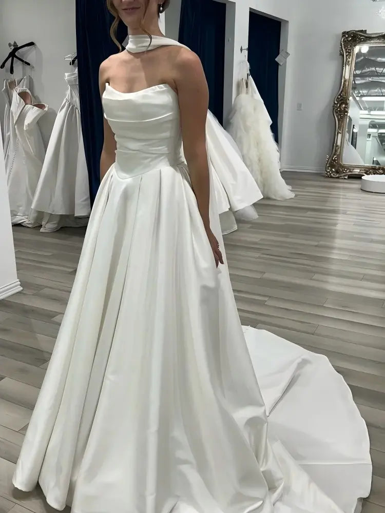 White Strapless Satin Basque Waist Wedding Dresses Near Me